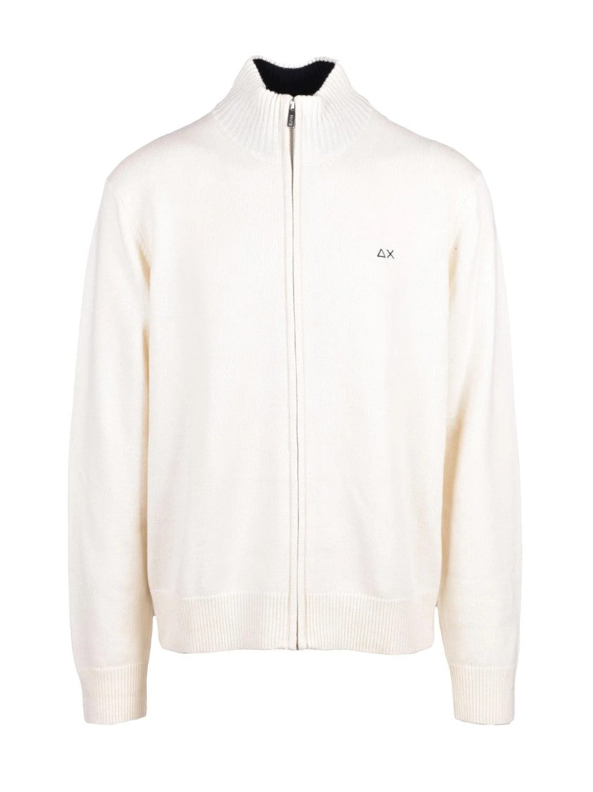 Sun68 White High Neck Zip Merino Wool-Blend Cardigan