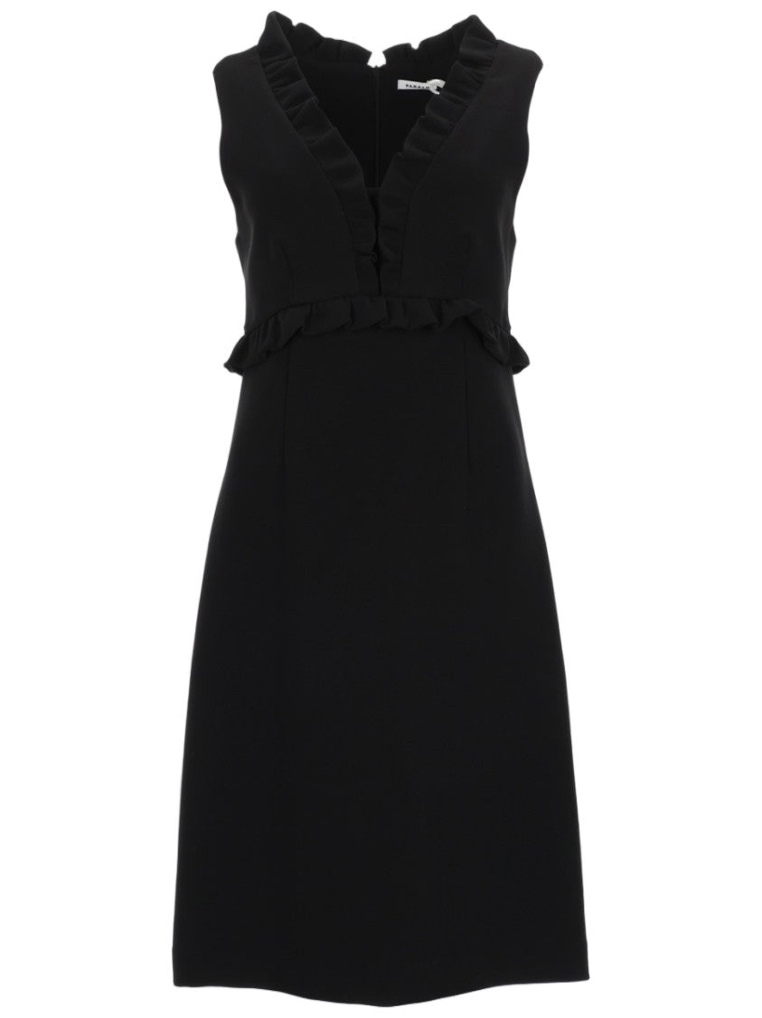 P.A.R.O.S.H. Sleeveless Black Dress With V-Neckline And Ruffle Details