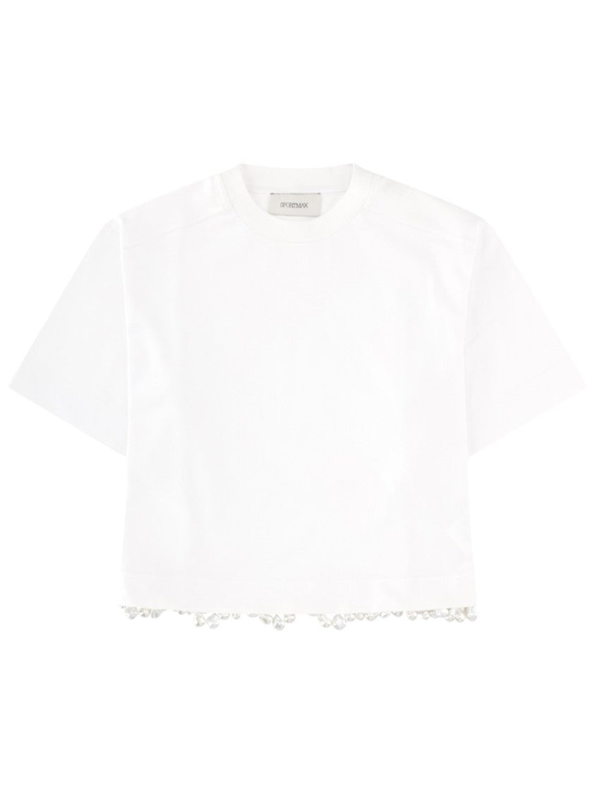 Sportmax Palmas Cropped Embroidered Pearl Cotton T-Shirt