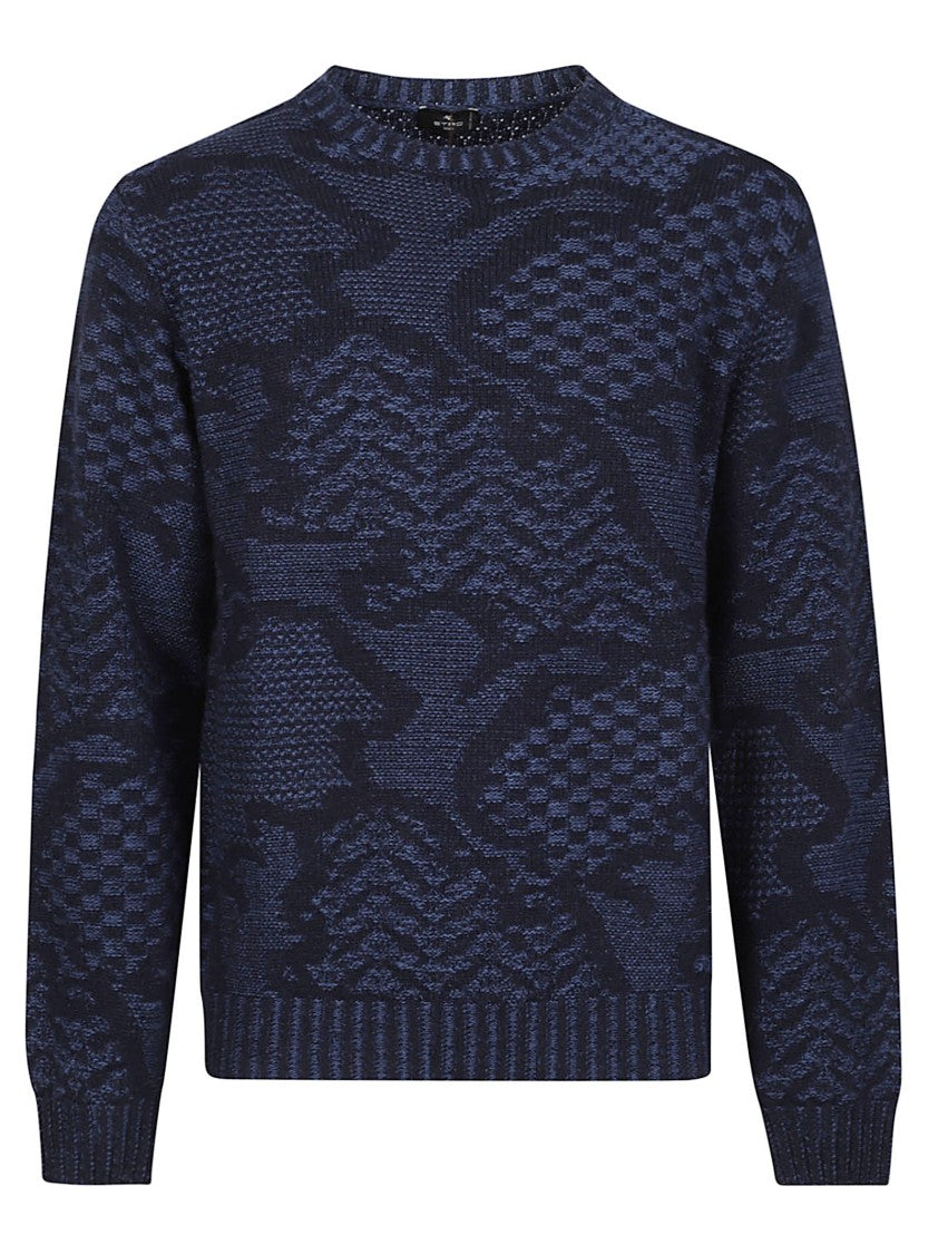 Etro Roma Deep Blue Textured Knit Wool-Blend Sweater