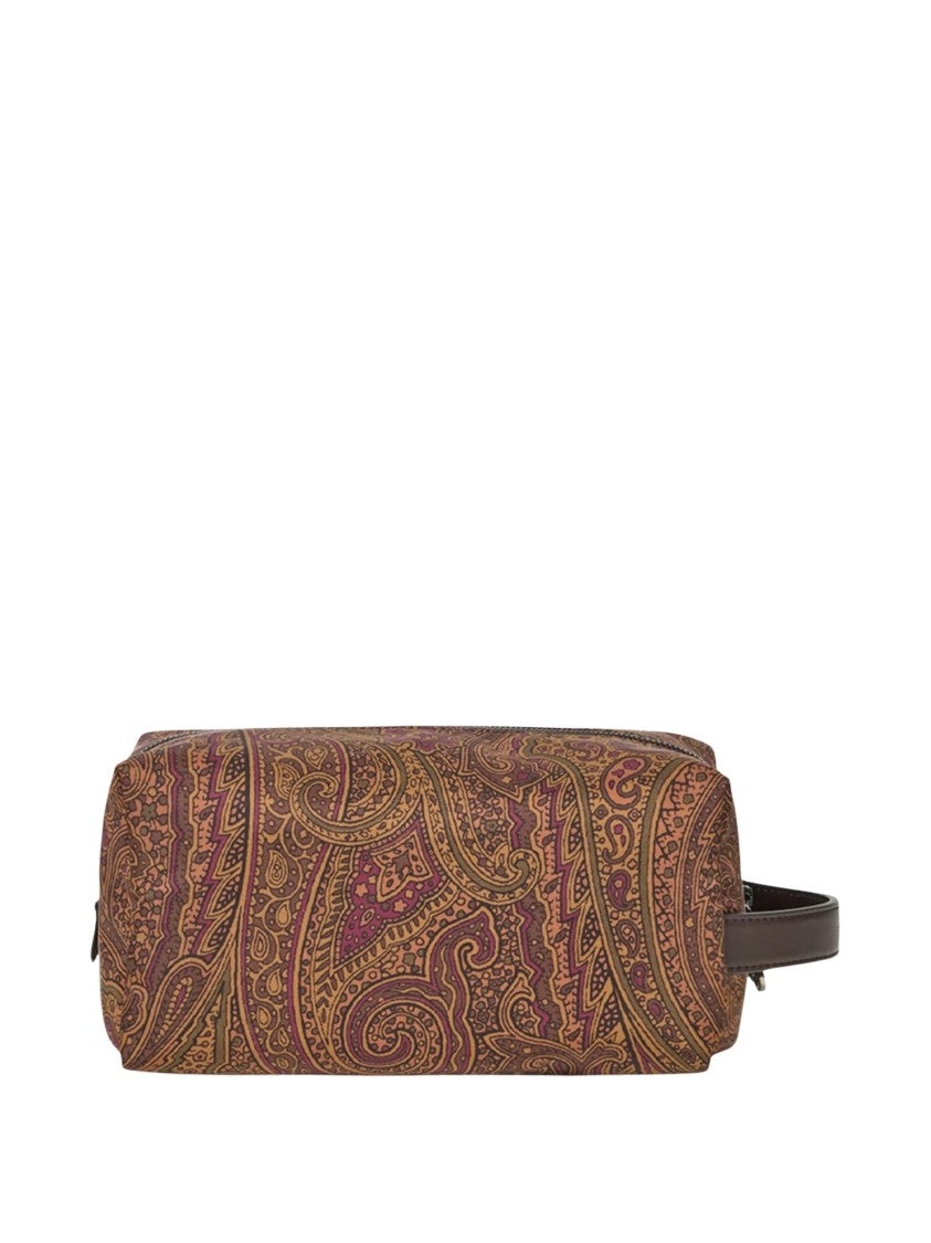 Etro Rectangular Nylon Pouch With Paisley Print And Leather Trim