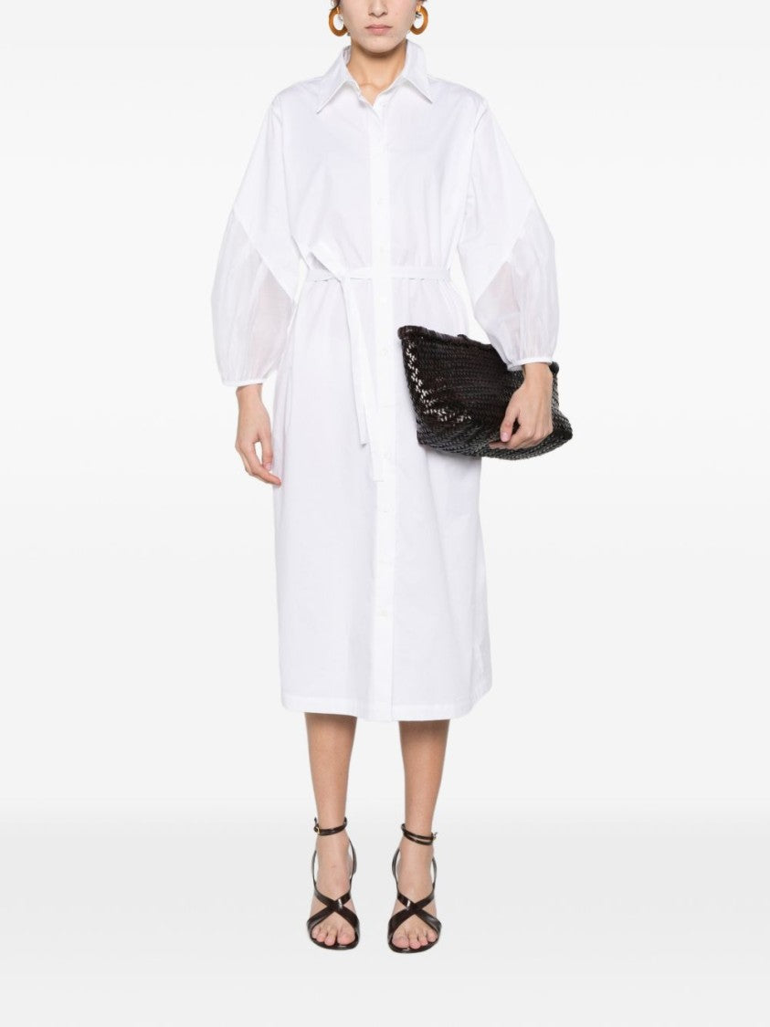 Peserico White Midi Dress With Balloon Sleeves And Classic Collar