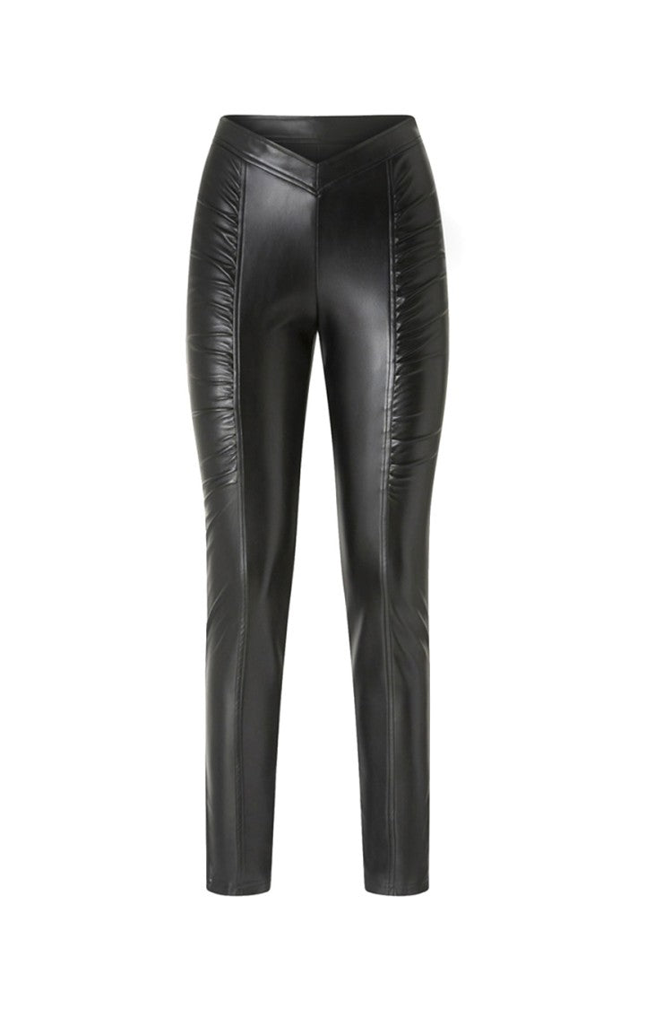 Pinko Black V-Waistband Ruched Hip Panel Faux Leather Leggings