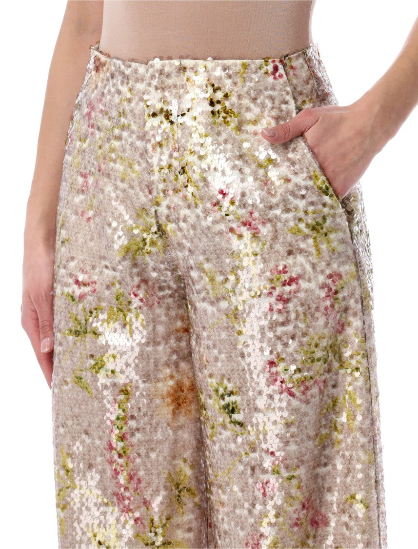 Alberta Ferretti Floral Sequin High-Waist Trousers