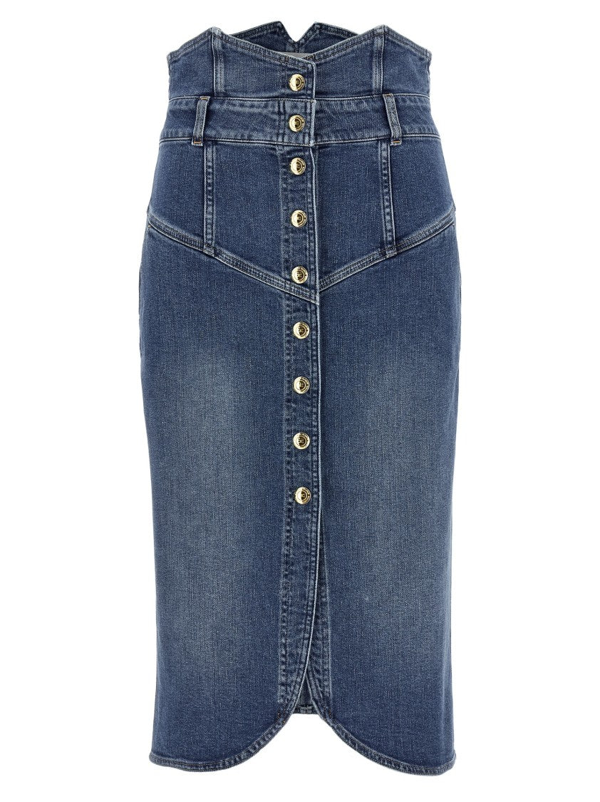 Elisabetta Franchi Cotton Denim Midi Skirt With Asymmetrical Waist