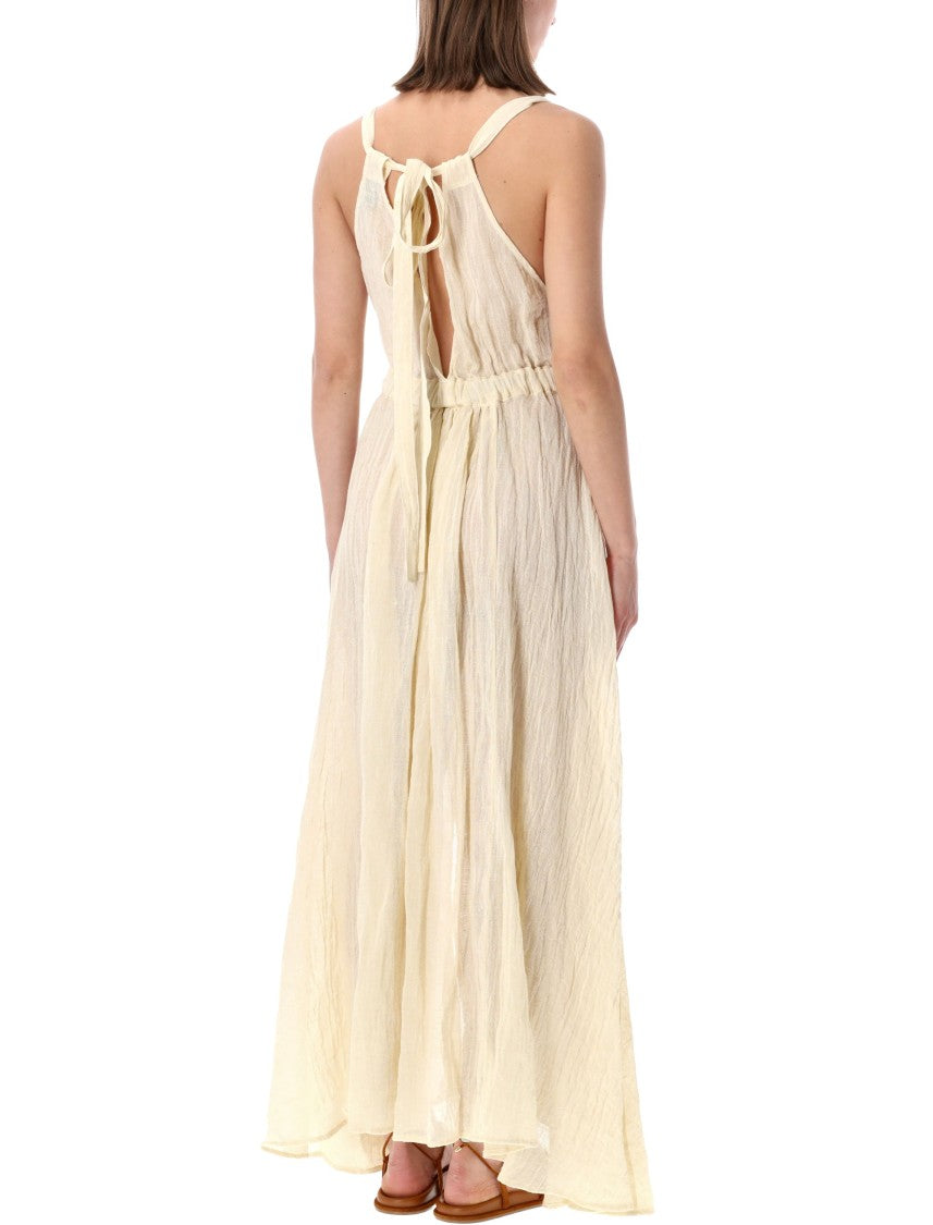 120% Lino Crinkled Maxi Dress With Deep V-Neckline