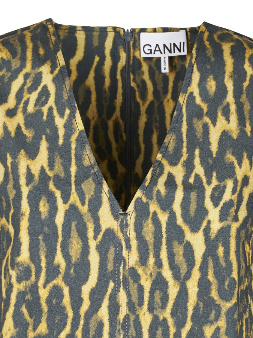 Ganni Animal Print A-Line Maxi Dress With Flared Silhouette