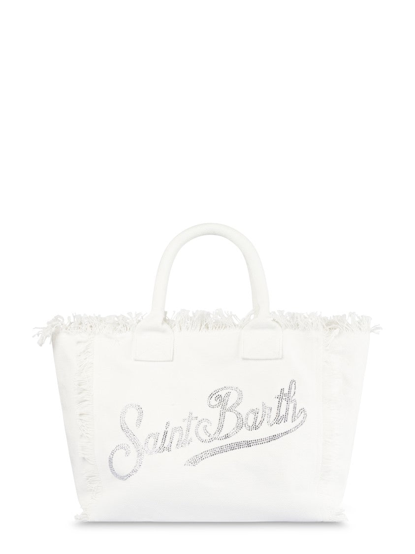 Mc2 Saint Barth Rectangular Cotton Vanity Shoulder Bag With Rhinestone Logo
