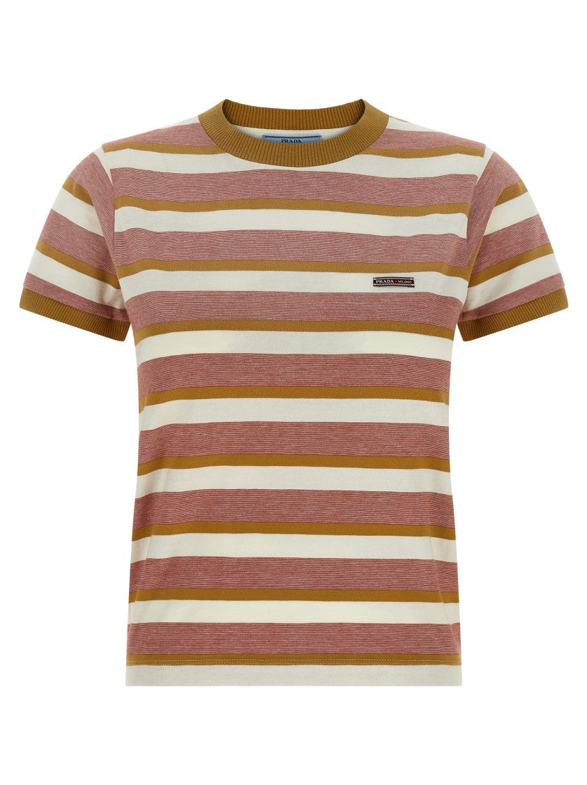 Prada Striped Cotton T-Shirt With Ribbed Knit Details