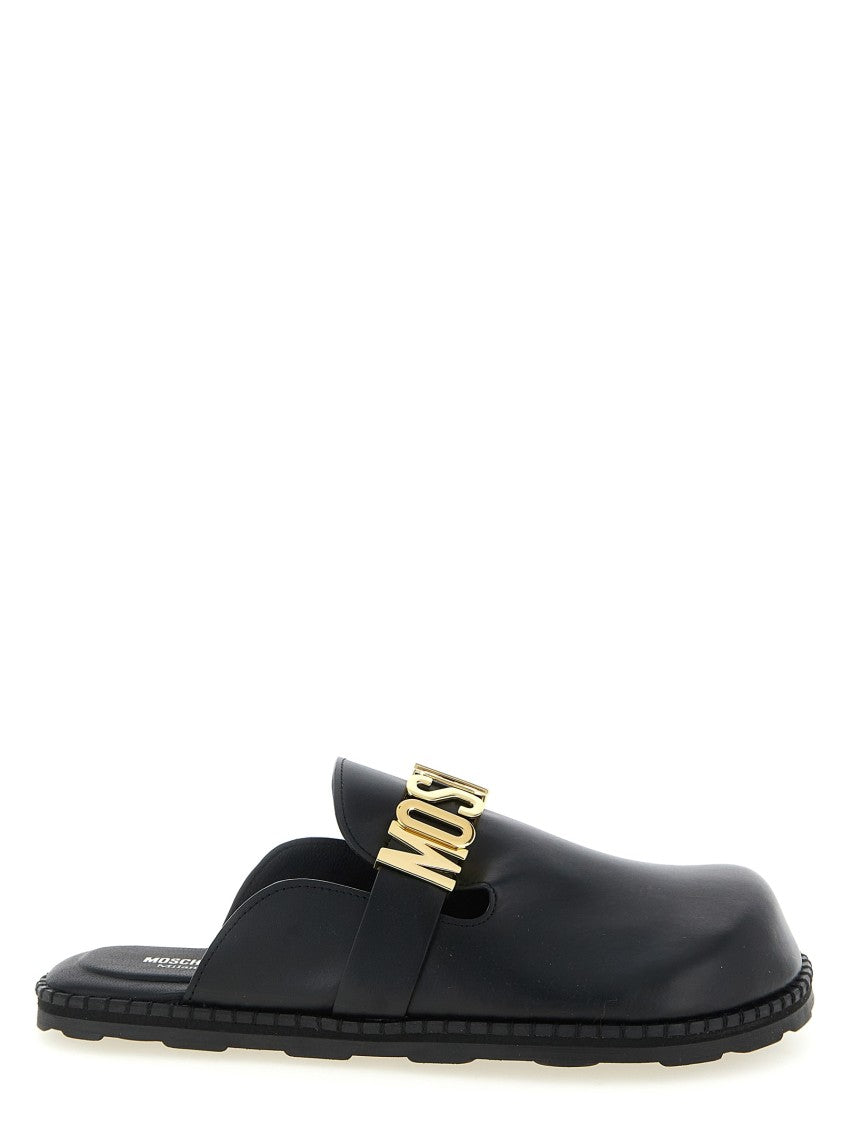 Moschino Black Leather Sabots With Bold Logo Strap