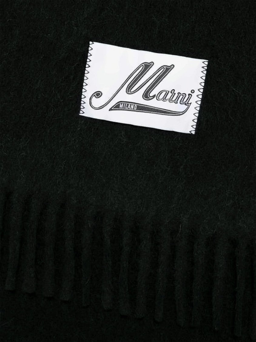 Marni Rectangular Black Alpaca Blend Scarf With Fringed Ends