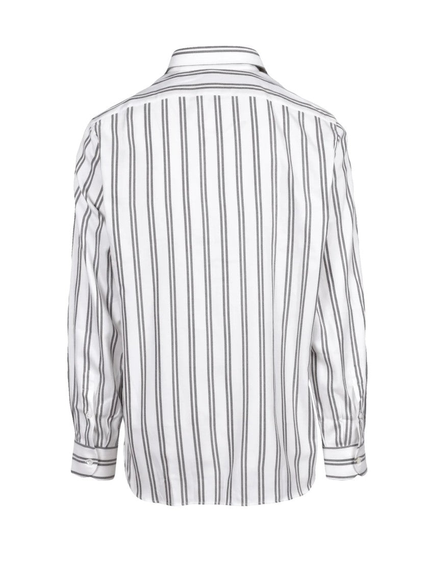 Eleventy White/Brown Striped Cotton-Blend Flannel Shirt