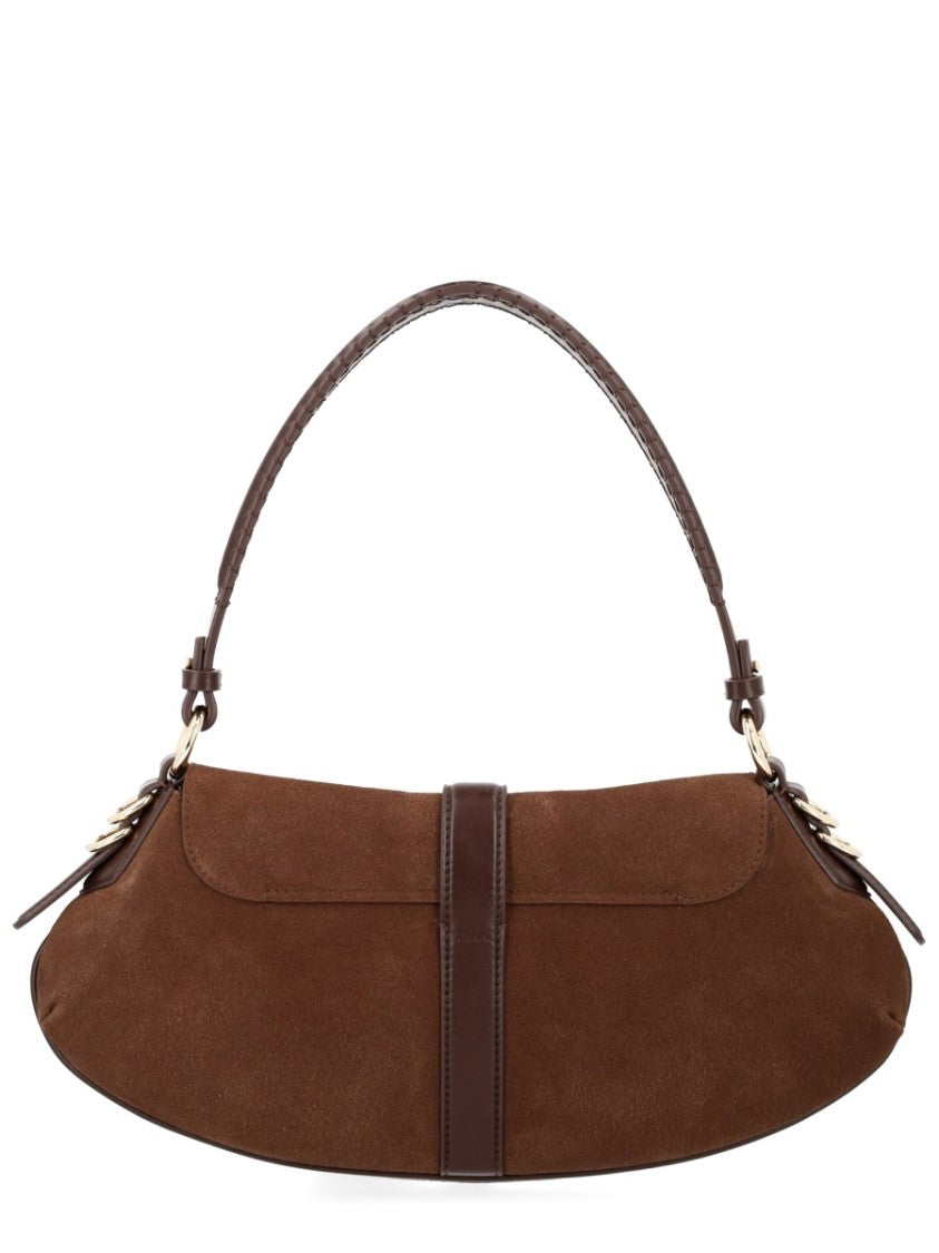 Ganni Neutral B-Kat Floral Clasp Suede Handbag
