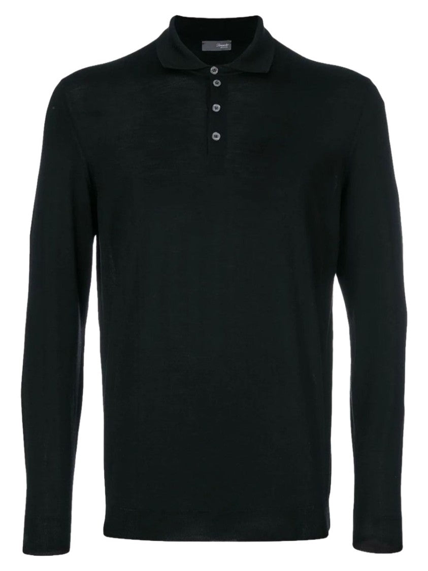 Drumohr Black Long-Sleeved Wool Polo Shirt