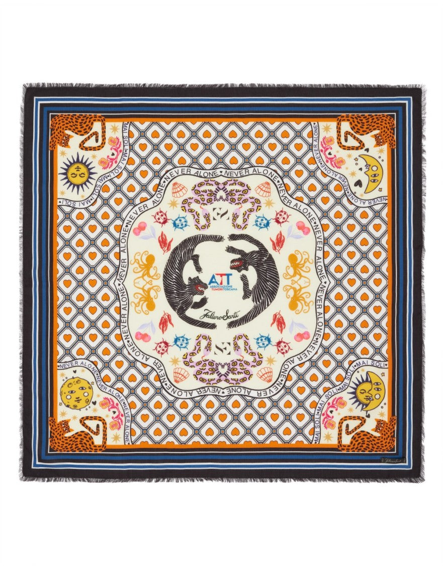 Faliero Sarti Square Cotton Scarf With Intricate Print And Fringed Edges