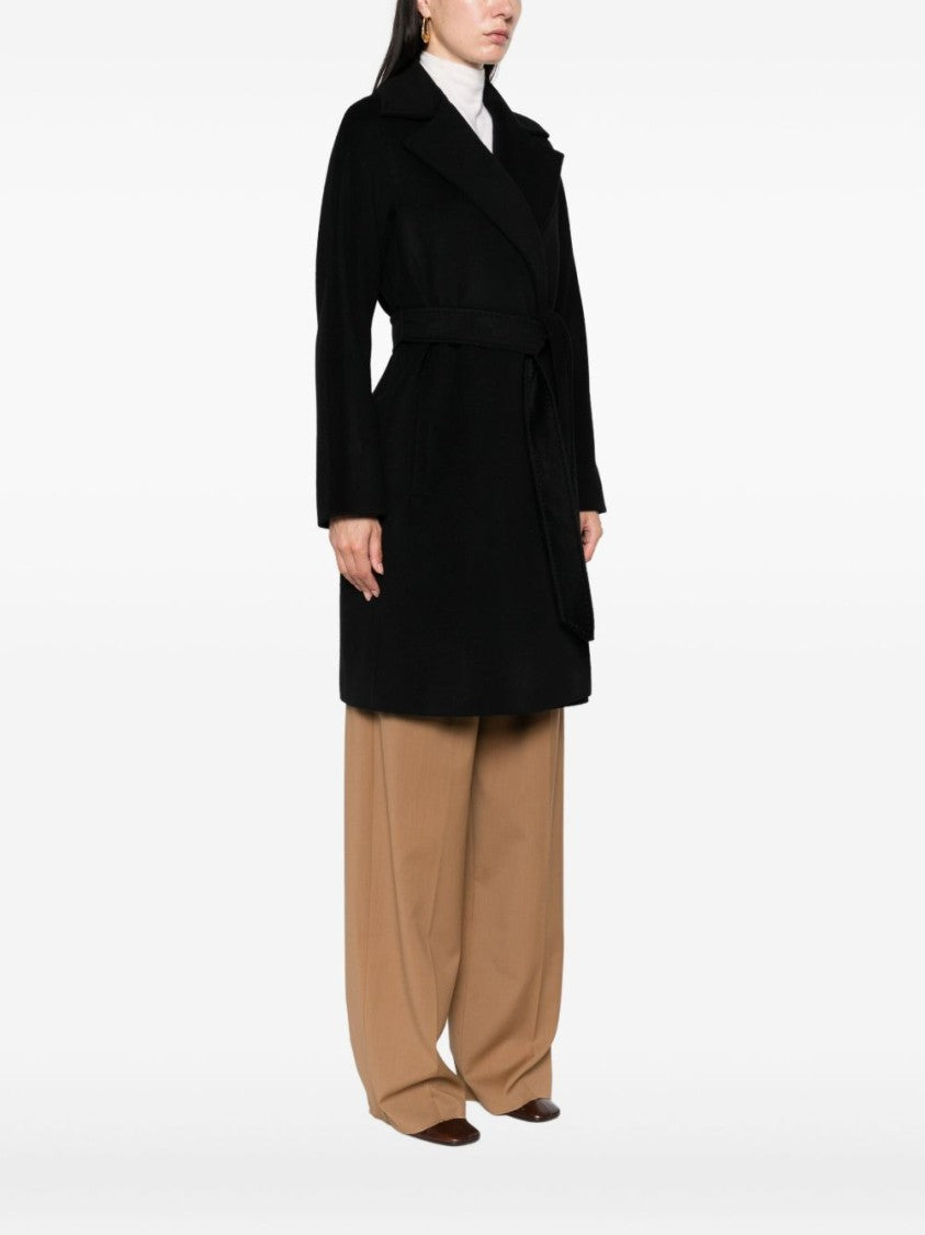 Max Mara Belted Black Overcoat With Wide Lapels