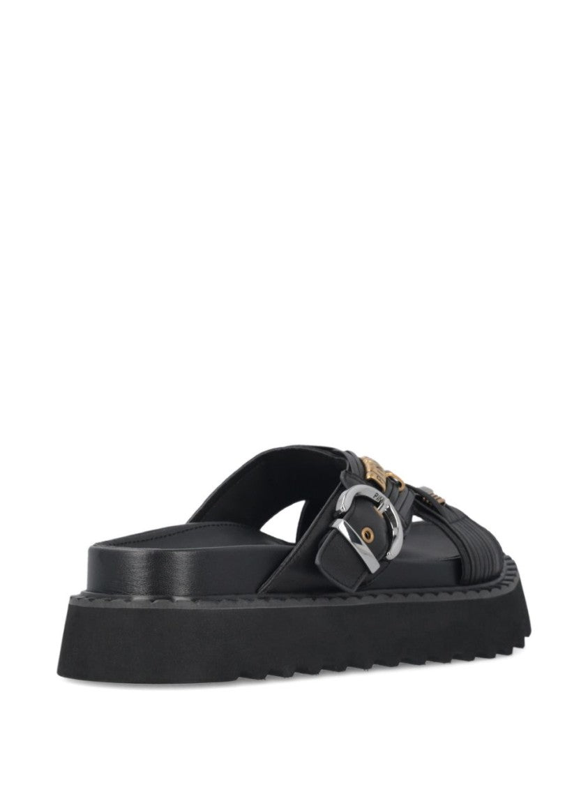 Pinko Woven Black Sandals With Gold-Tone Accents