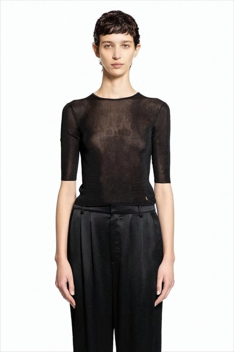Saint Laurent Fitted Semi-Sheer Black Knit Top