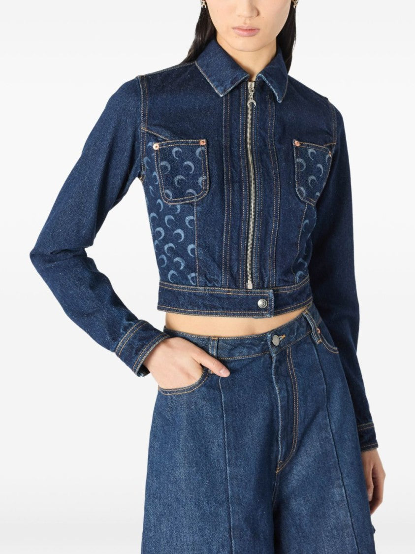 Marine Serre Brown Cropped Denim Crescent Moon Jacket