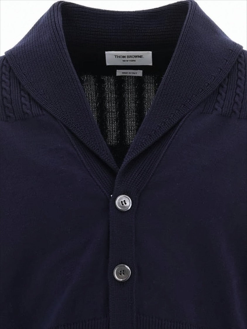 Thom Browne Cropped Blue Cardigan With Shawl Collar And Striped Detailing