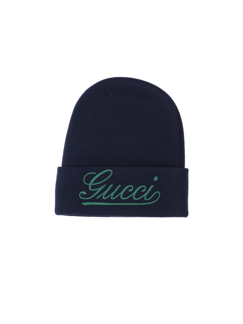 Gucci Navy Blue Wool Beanie With Green Logo Embroidery