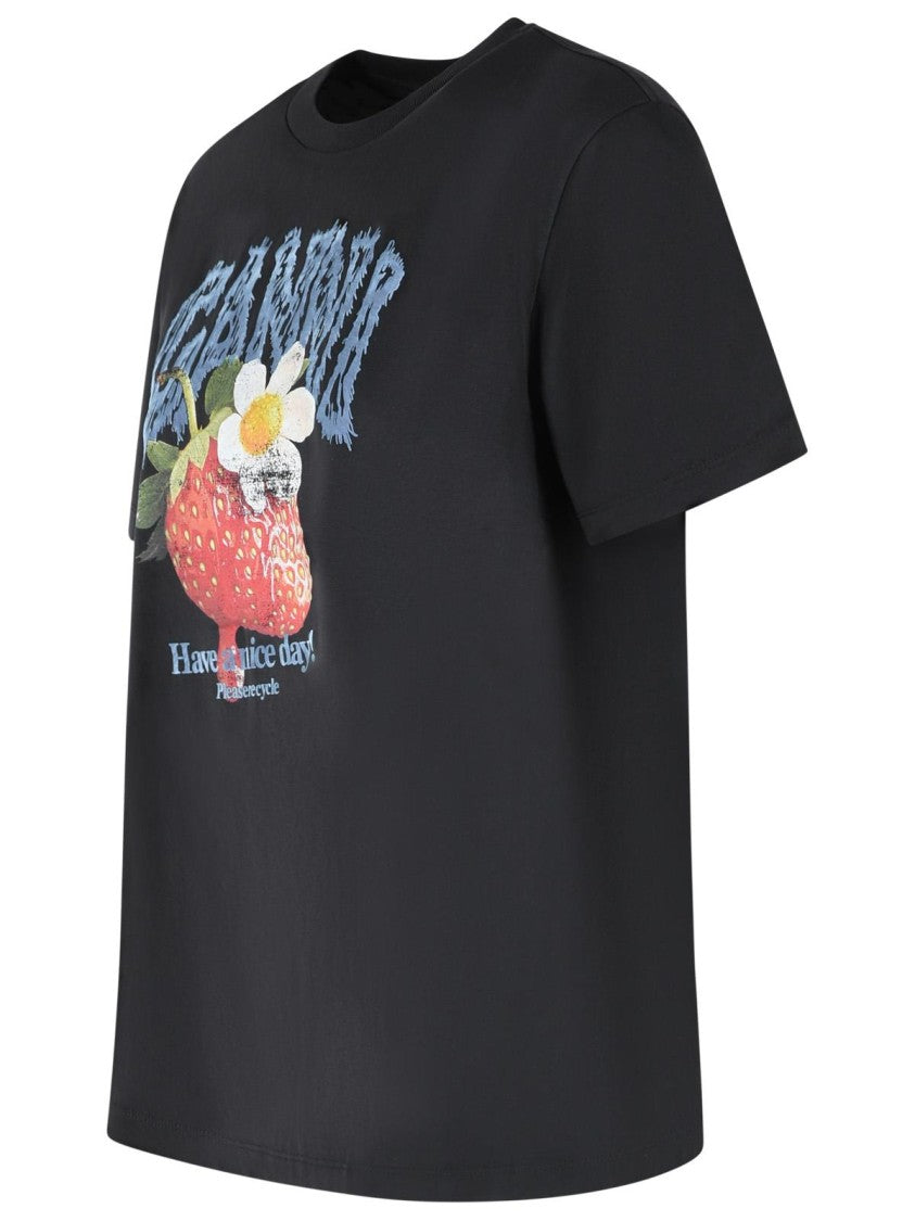 Ganni Strawberry T-Shirt In Black Cotton