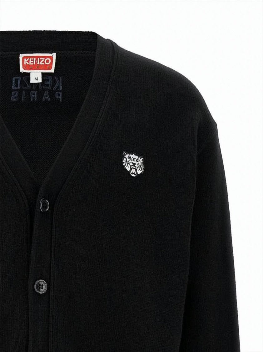 Kenzo Black Wool Cardigan With V-Neckline And Embroidered Details