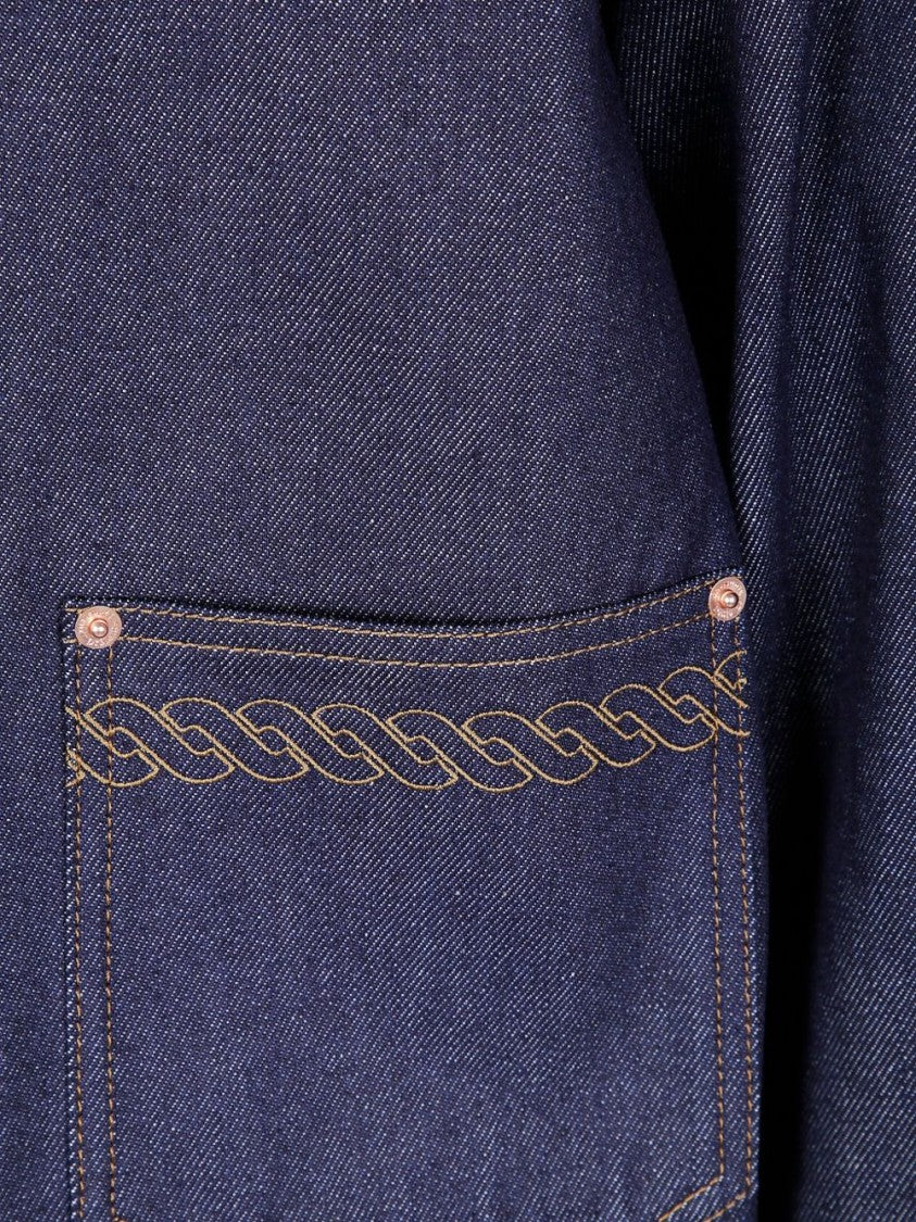 Drôle De Monsieur Navy Blue Denim Front Button Jacket With Chain Detail