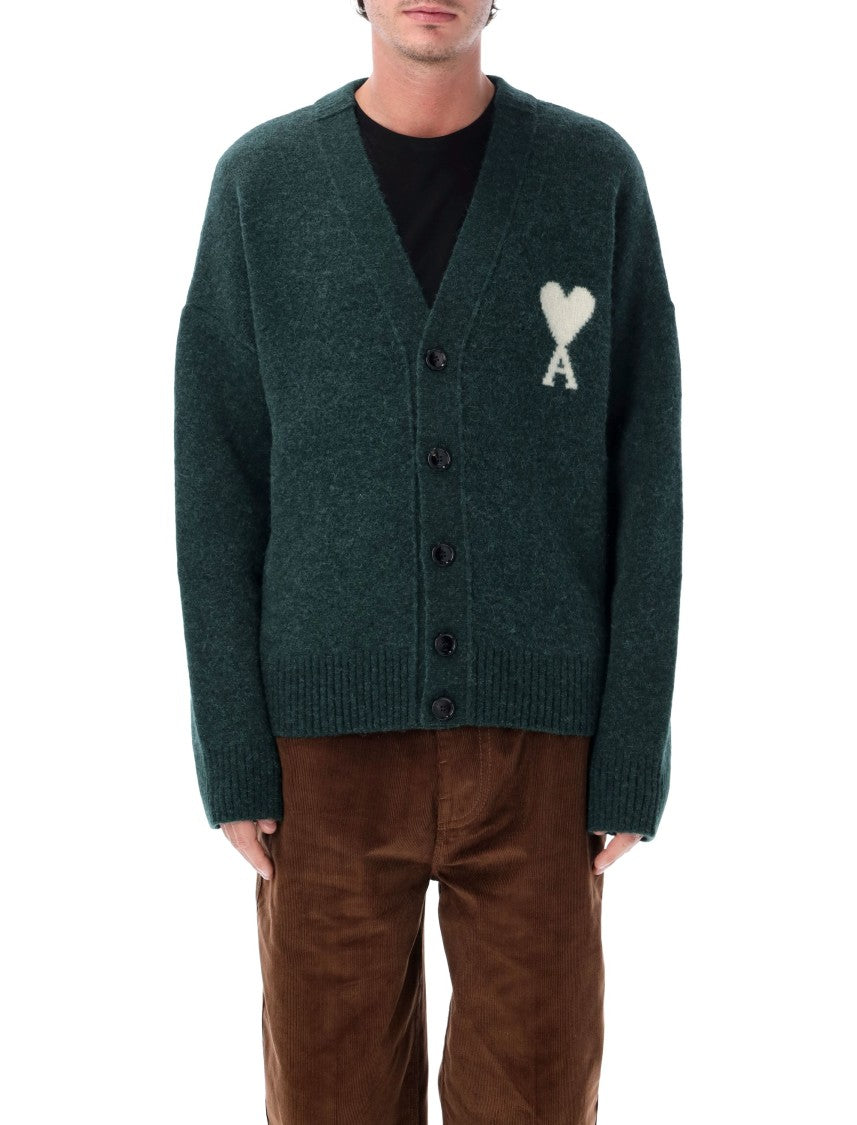 Ami Paris V-Neck Alpaca Cardigan With Distinctive Intarsia Logo