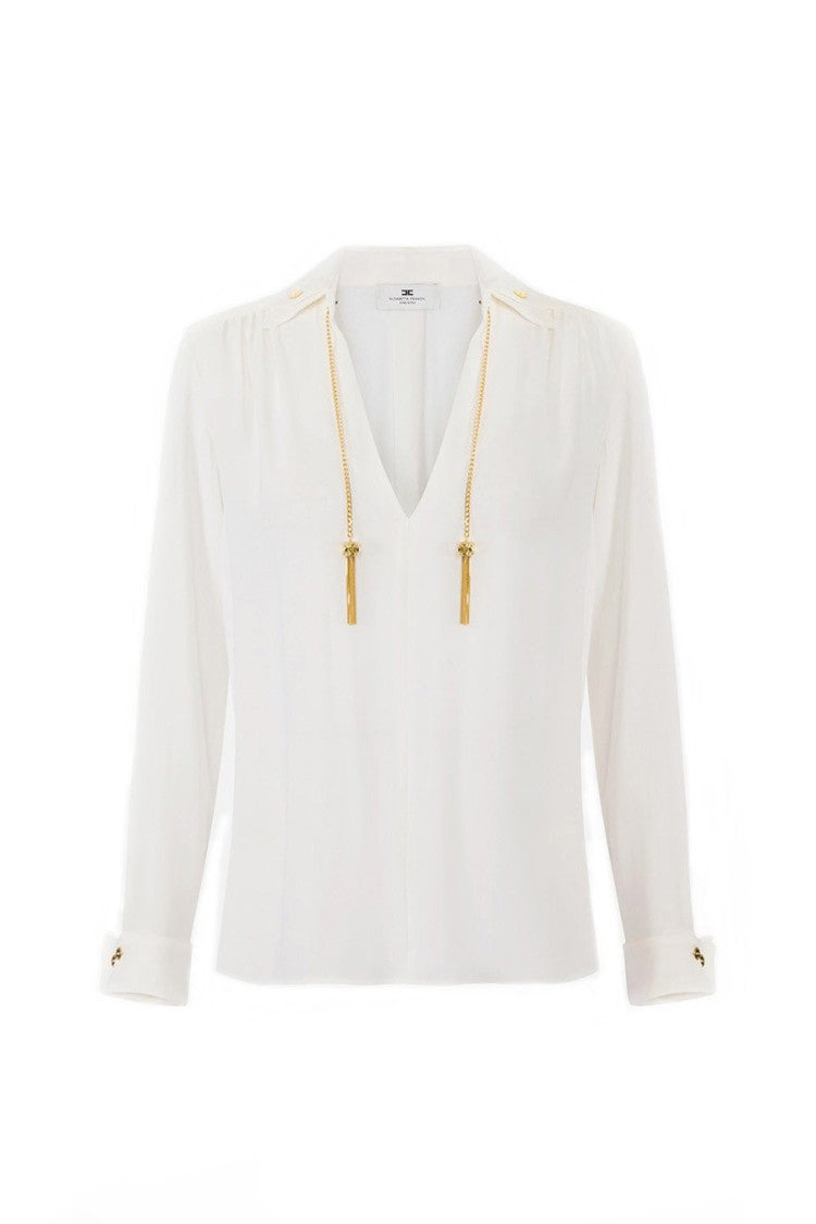 Elisabetta Franchi Ivory V-Neck Gold Chain-Tassel Ties Viscose Blouse