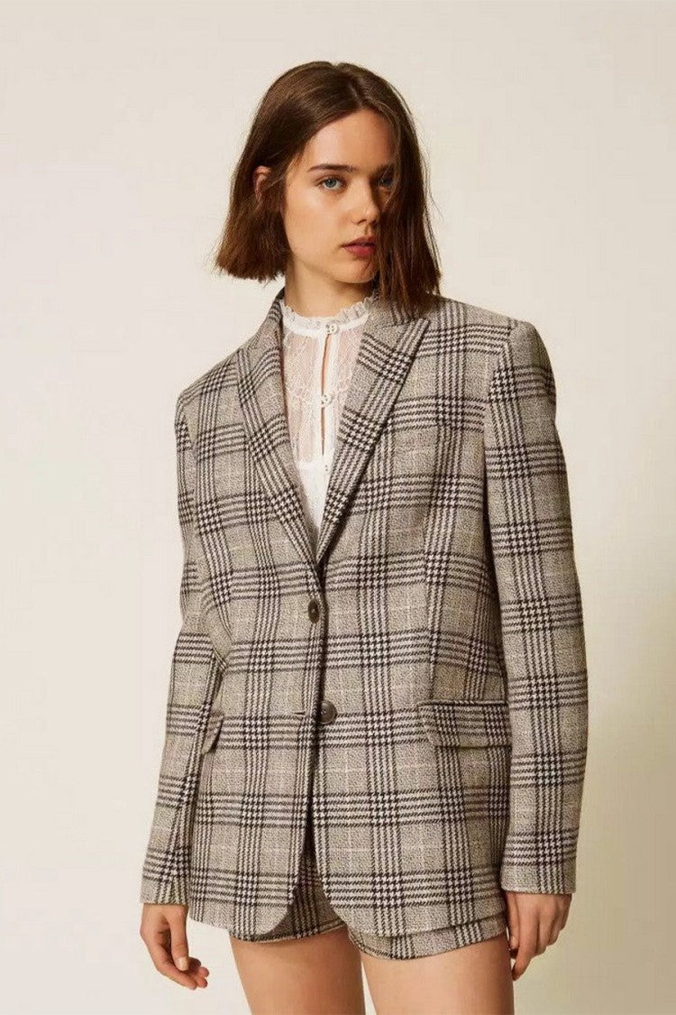 Twin-Set Grey Wool-Polyester Blend Plaid Check Blazer