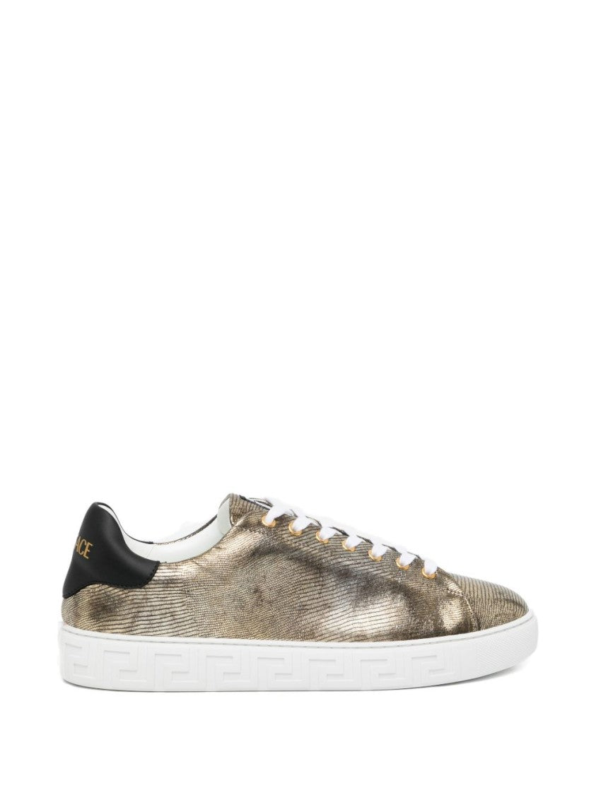 Versace Textured Metallic Sneakers With Silk And Nylon Blend