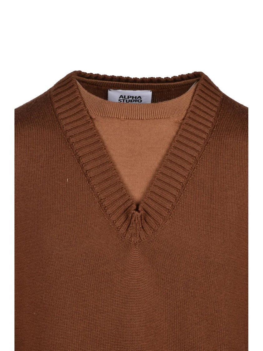 Alpha Studio Brown Double Neck Ribbed Merino Wool Sweater