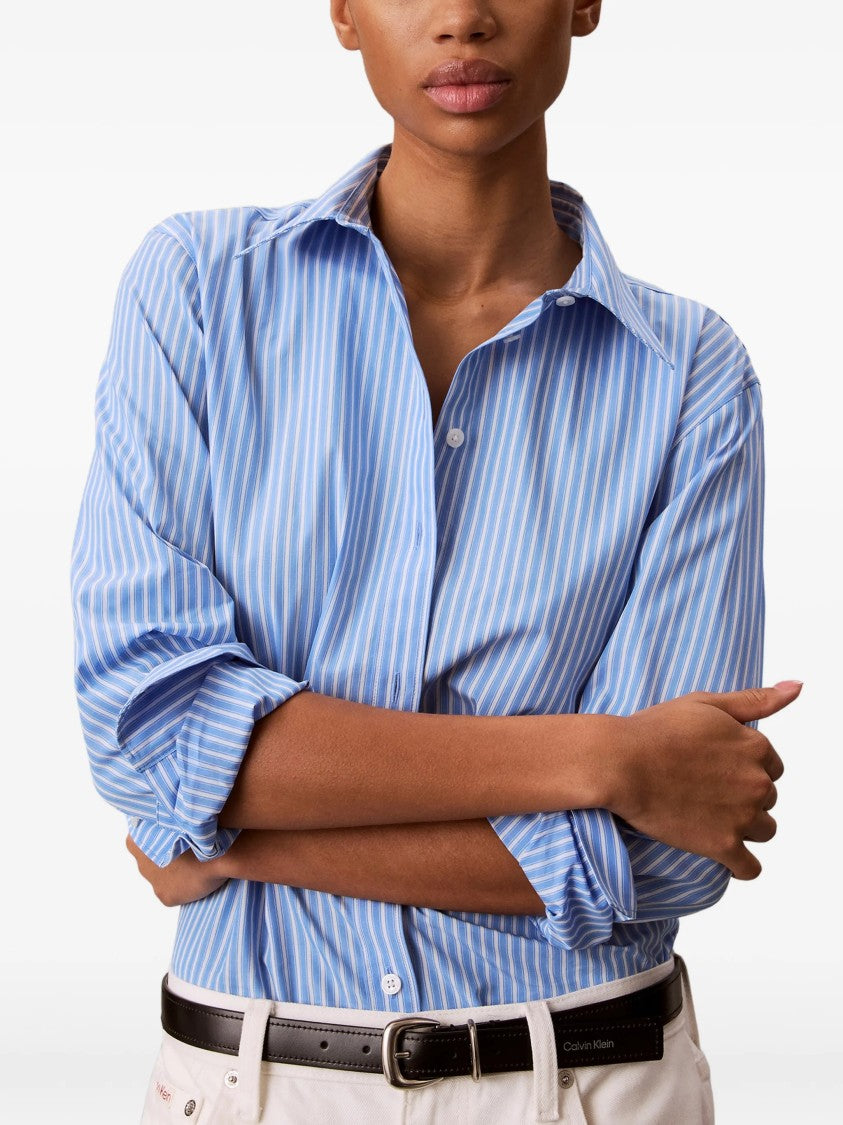Calvin Klein Light Blue Vertical Striped Poplin Shirt With Classic Collar