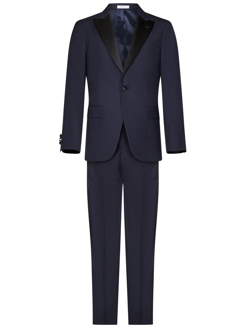 Boglioli Navy Virgin Wool Suit With Black Satin Shawl Collar