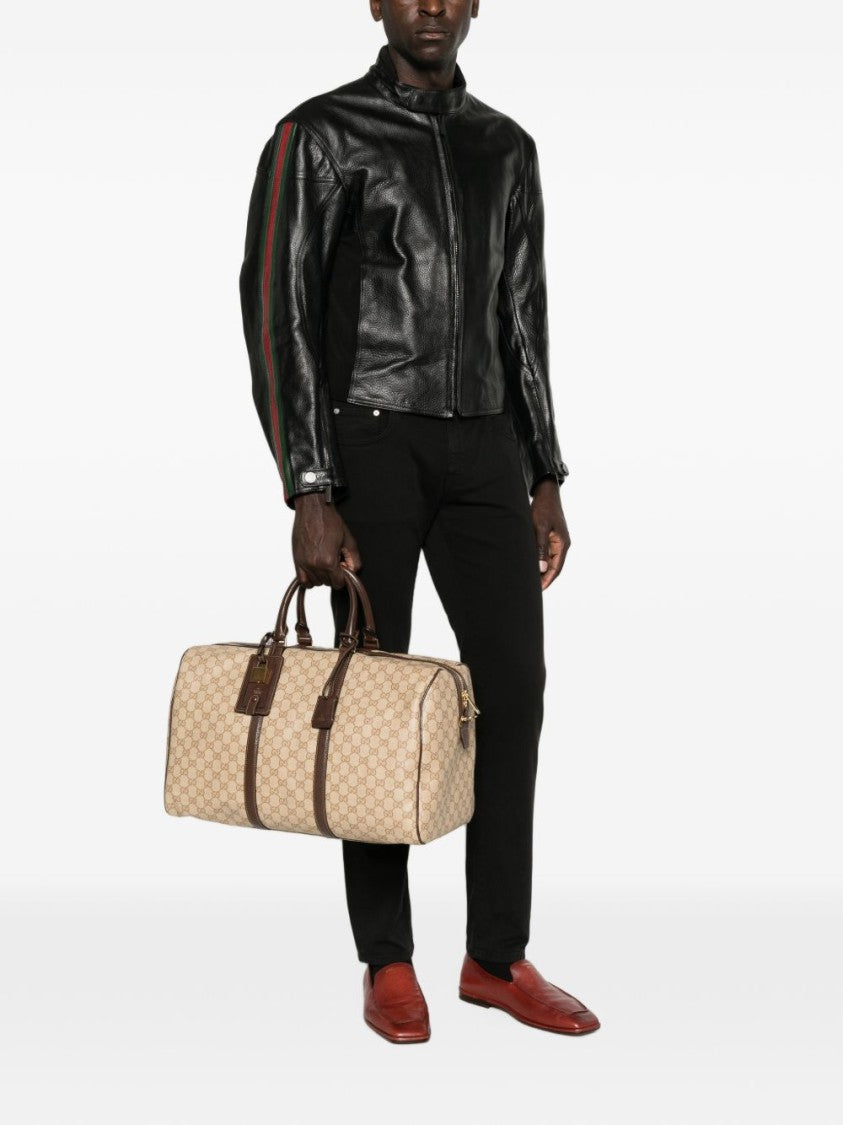 Gucci Cropped Leather Jacket With Striped Shoulders And Zippered Cuffs