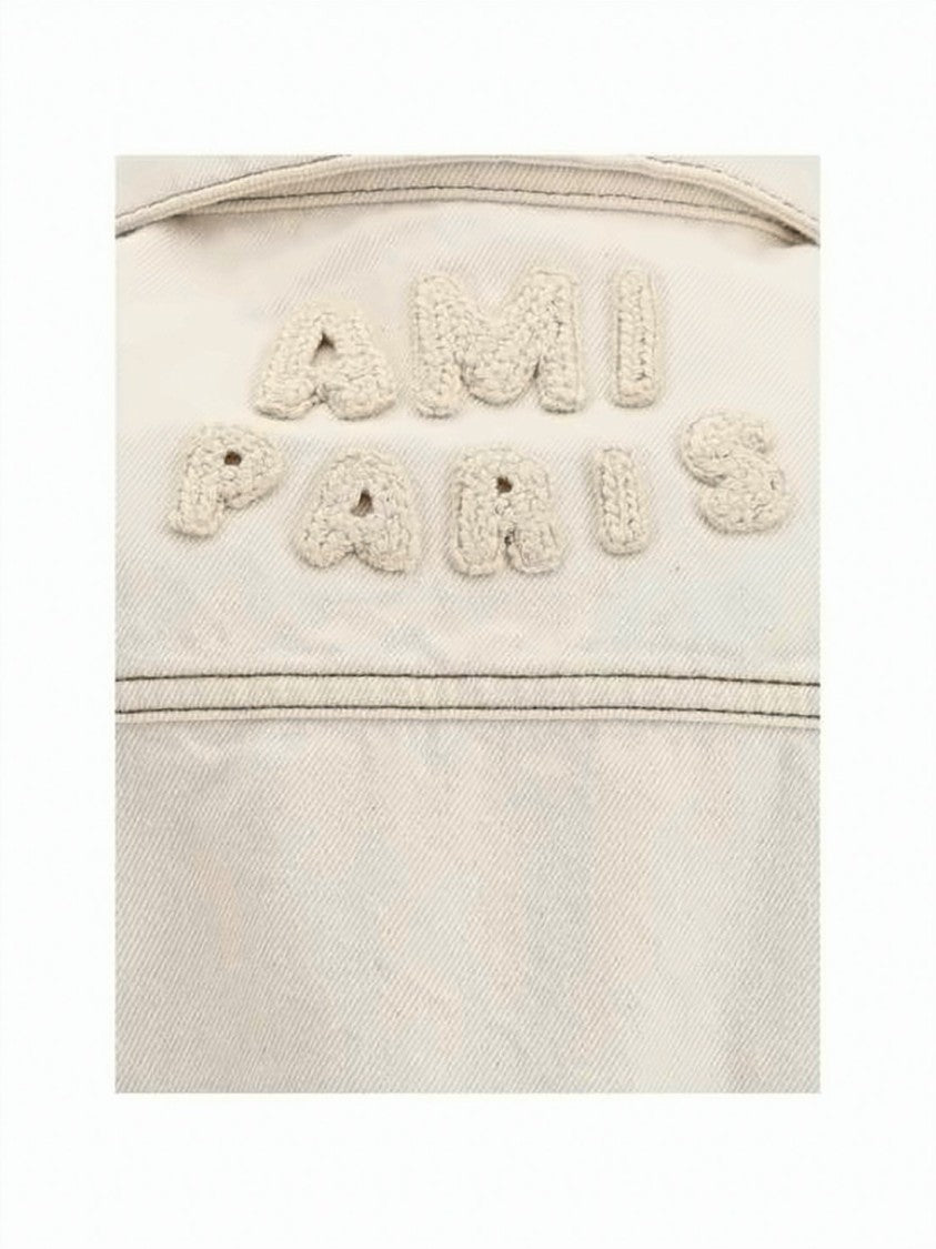 Ami Paris Cropped Denim Jacket With Flap Pockets And Embroidered Detail