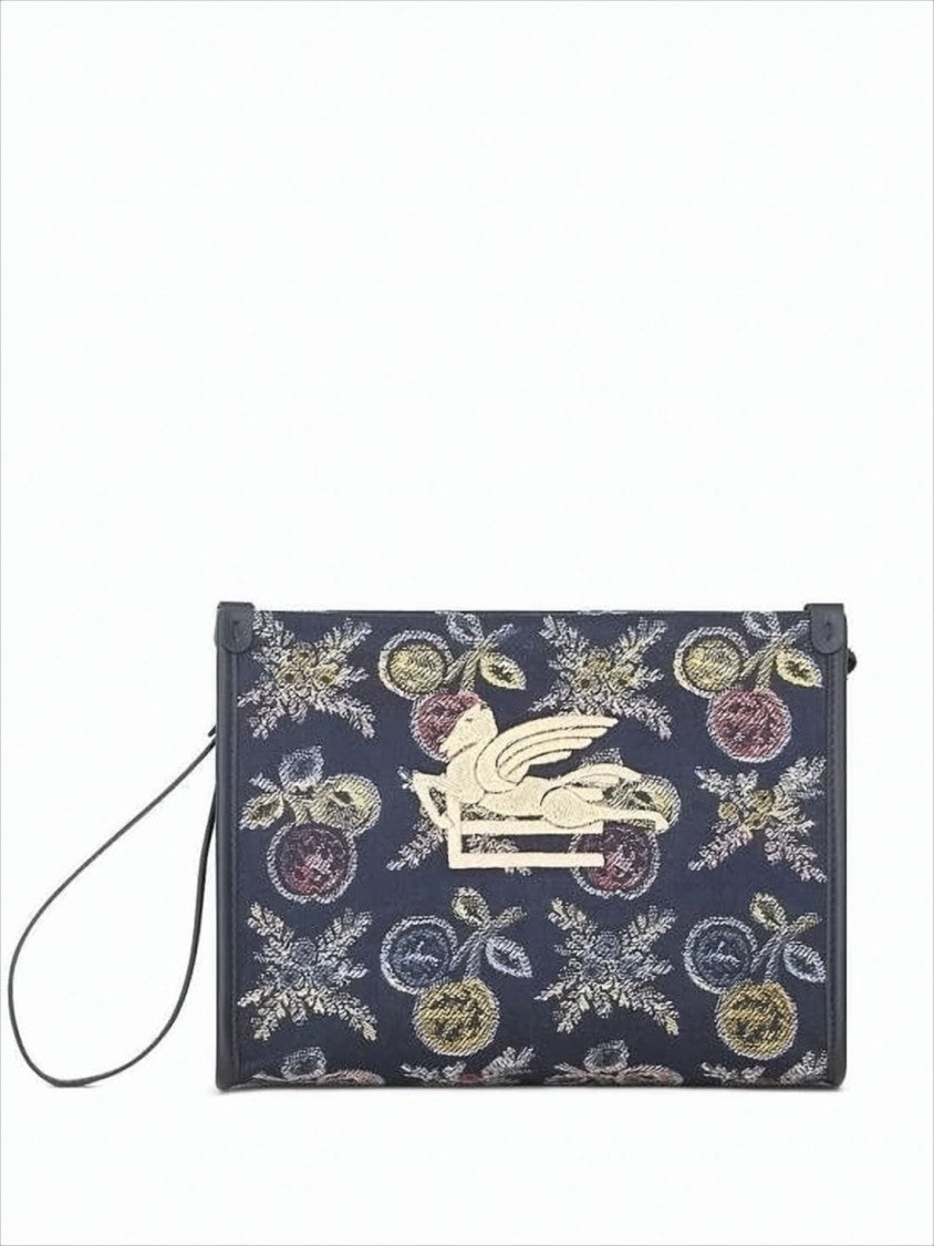 Etro Rectangular Blue Clutch With Multicolored Embroidery