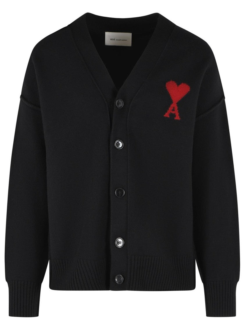 Ami Paris Black Virgin Wool Cardigan With V-Neckline