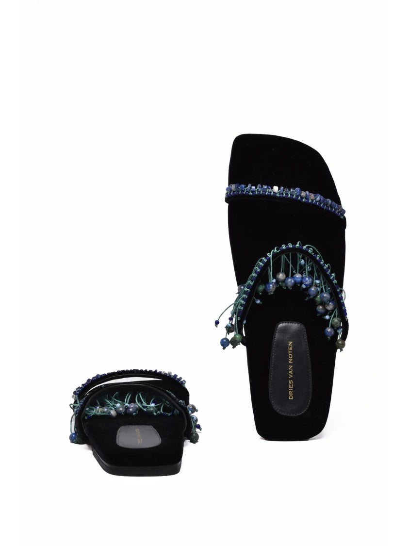Dries Van Noten Beaded Black Velvet Flat Mules