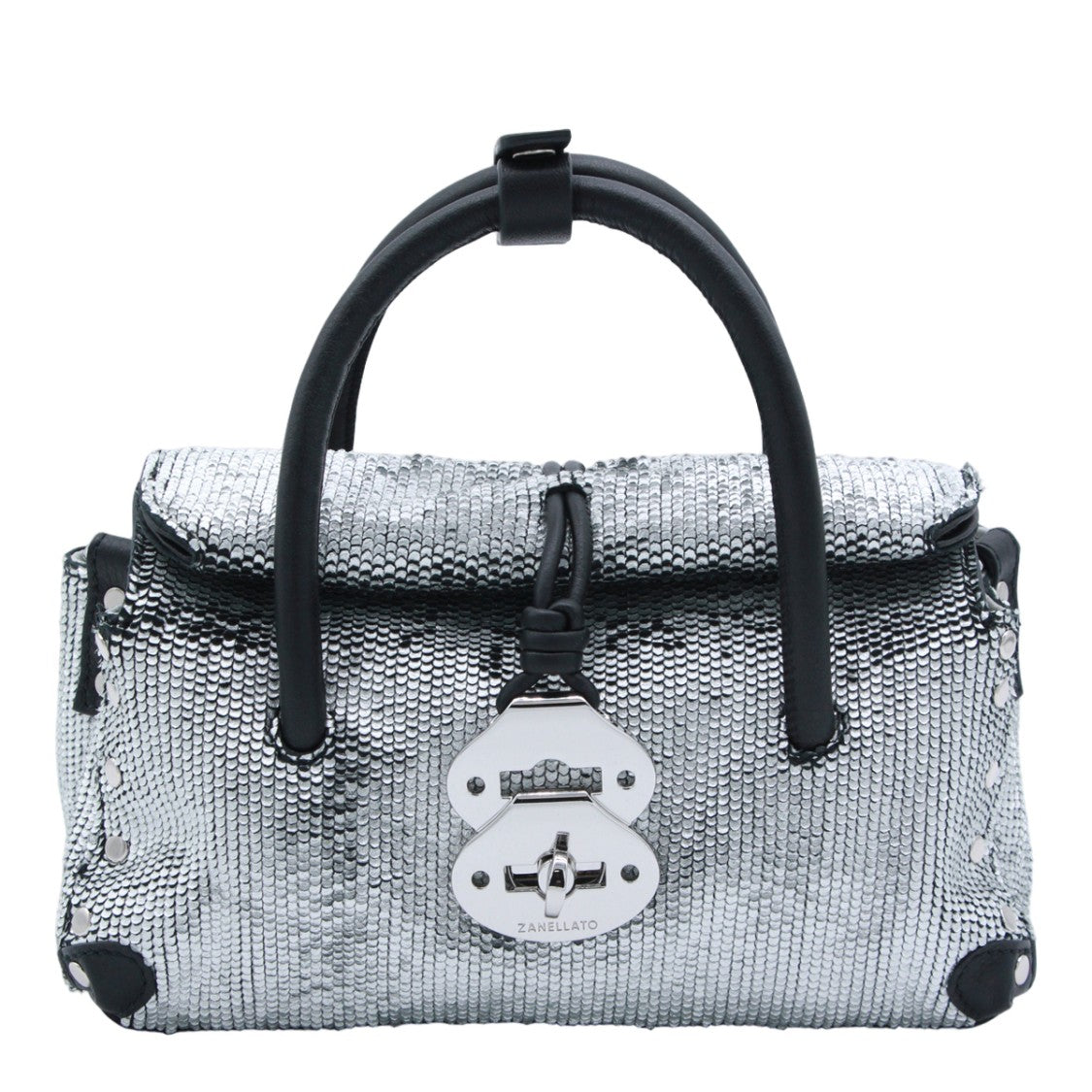 Zanellato Textured Silver Sequin Handbag With Black Accents
