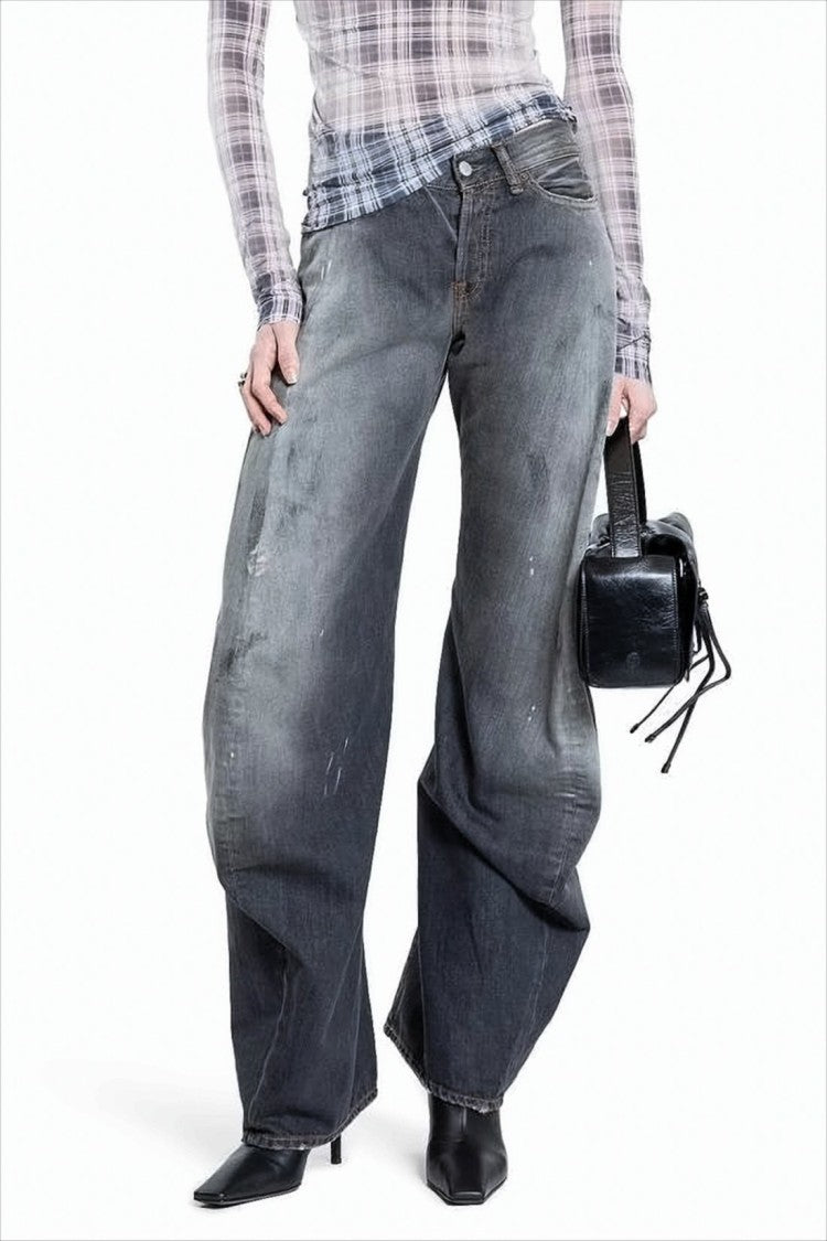 Acne Studios Wide-Leg Black Denim Pants With Distressed Finish