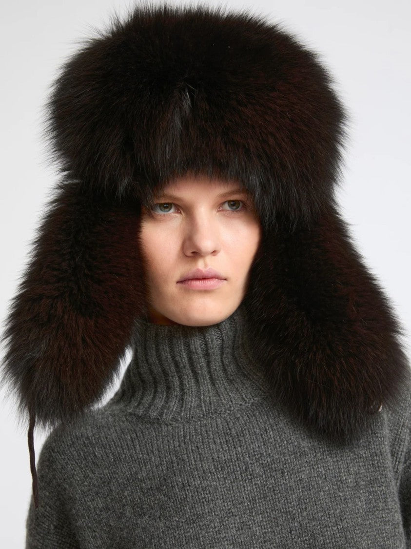 Yves Salomon Plush Brown Flannel Ushanka Hat With Fox Fur Trim