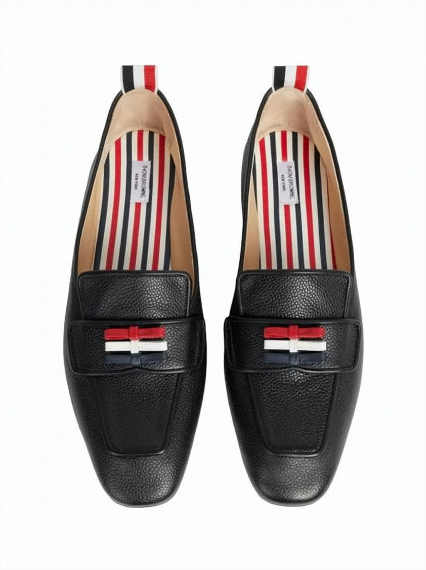 Thom Browne Pointed Toe Calf Leather Flat Shoes With Tricolor Ribbon Detail