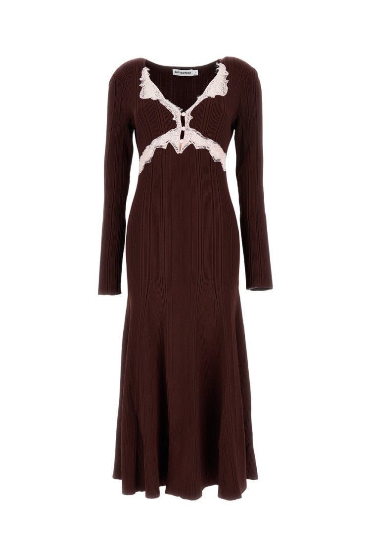 Self-Portrait Ribbed A-Line Lace-Detail Dress