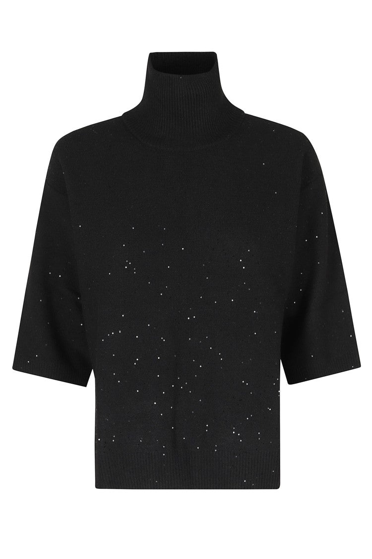 Seventy Black Sequined Side Slits Polyester-Blend Turtleneck