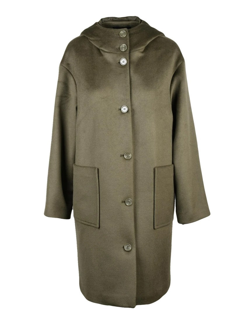 Pennyblack Timeless Green Wool Overcoat With High Collar And Button Closure
