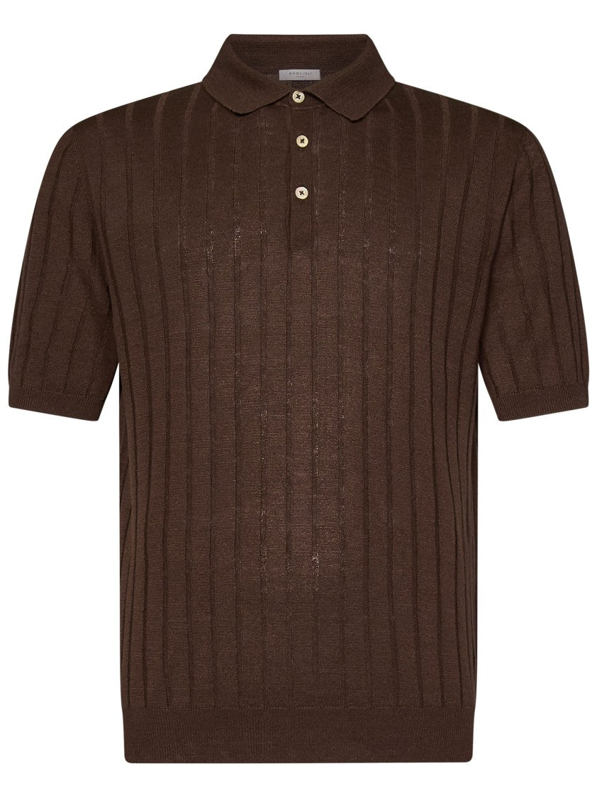 Boglioli Brown Linen-Cotton Blend Polo Shirt With Flat-Ribbed Texture