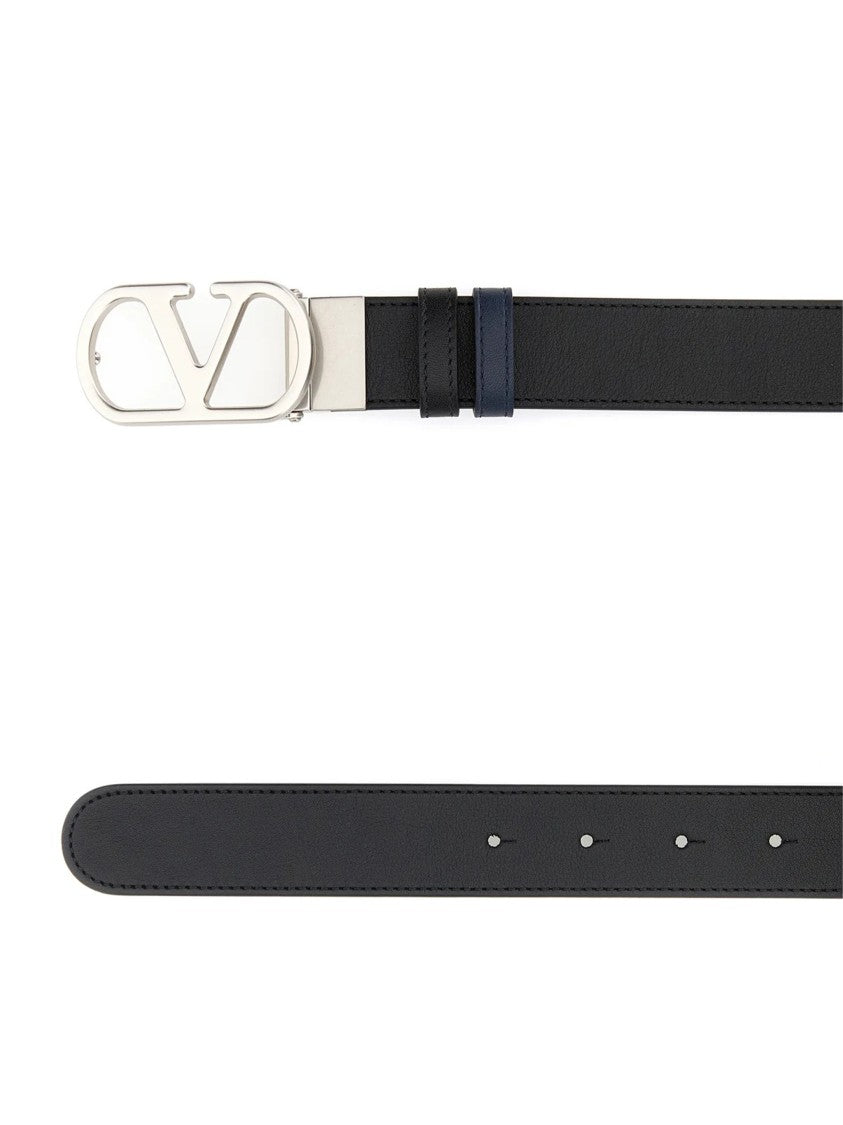 Valentino Black/Navy Reversible Leather V-Buckle Belt