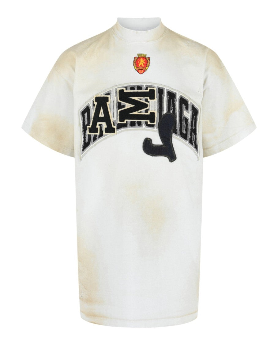 Balenciaga Embroidered White Oversized Mock-Neck T-Shirt With Distressed Details